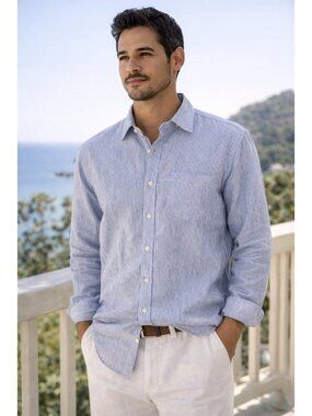 Jachs NY Blue Stripe Button Shirt Linen Blend Madison Fit Mens Large